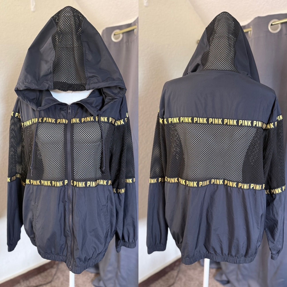 Pink Victoria's Secret Mesh Logo Windbreaker Jacket Black Gold Medium